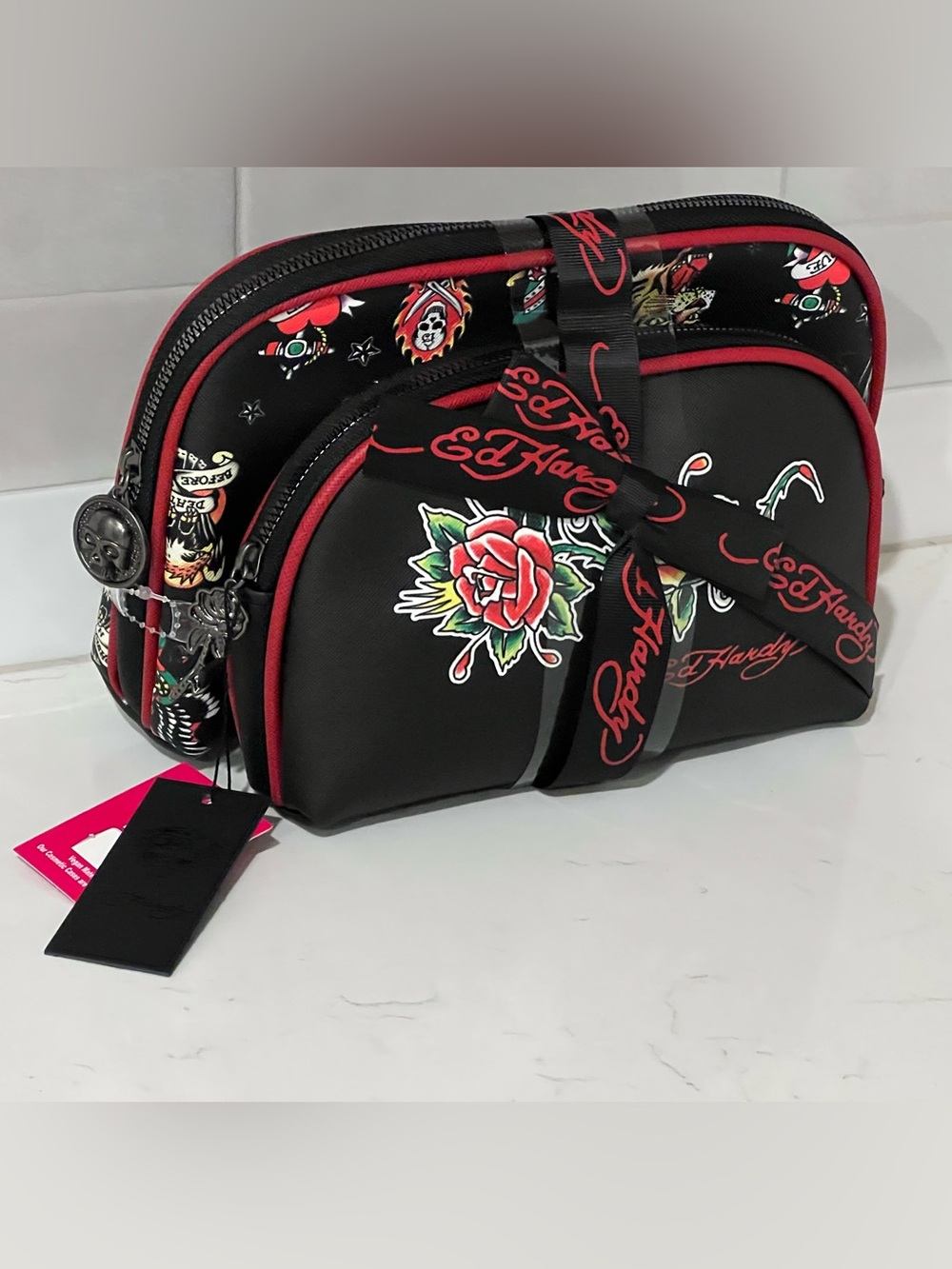 ED HARDY Black Roses Skull Cosmetic Bag Set 2pc Travel Bathroom Makeup NWT Y2K